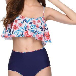 Verano‎ Playa Bikini Top Flounce Pink White Blue Floral Rose Print Crop Top M